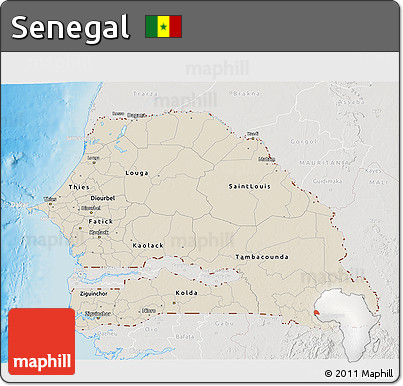 Shaded Relief 3D Map of Senegal, lighten, semi-desaturated, land only