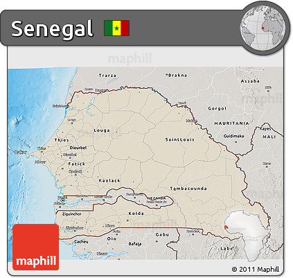Shaded Relief 3D Map of Senegal, semi-desaturated, land only