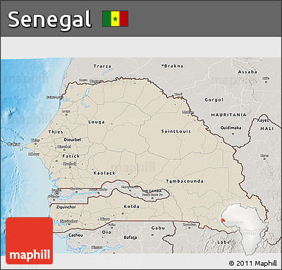 Shaded Relief 3D Map of Senegal, semi-desaturated, land only