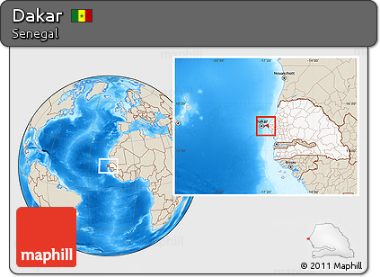 Shaded Relief Location Map of Dakar, highlighted country