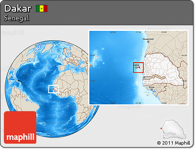 Shaded Relief Location Map of Dakar, highlighted country