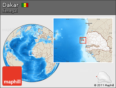 Shaded Relief Location Map of Dakar, highlighted country