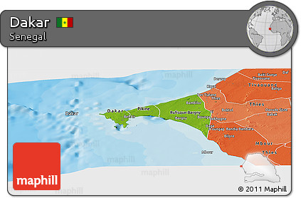 Physical Panoramic Map of Dakar, political shades outside