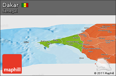 Physical Panoramic Map of Dakar, political shades outside