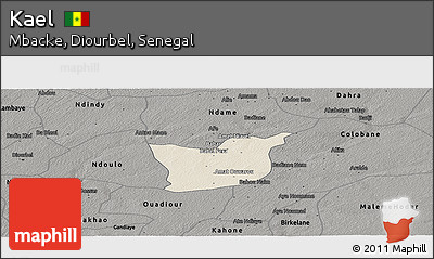 Shaded Relief Panoramic Map of Kael, darken, semi-desaturated