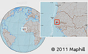 Gray Location Map of Toubacouta, within the entire country, hill shading