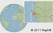 Savanna Style Location Map of Toubacouta, within the entire country, hill shading