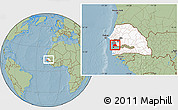 Savanna Style Location Map of Toubacouta, highlighted country, highlighted grandparent region, within the entire country, hill shading