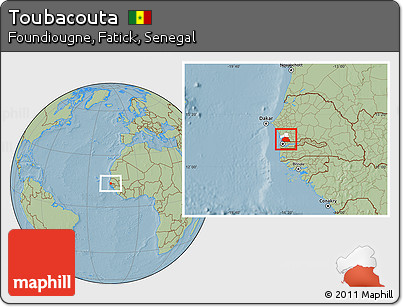 Savanna Style Location Map of Toubacouta, highlighted parent region, hill shading