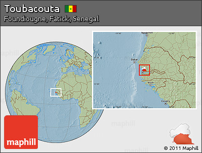 Savanna Style Location Map of Toubacouta, highlighted parent region, hill shading