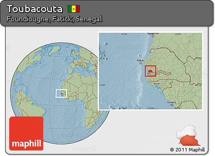 Savanna Style Location Map of Toubacouta, hill shading