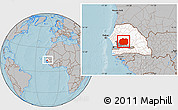 Gray Location Map of Kaffrine, highlighted country, highlighted parent region, within the entire country, hill shading