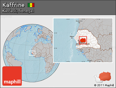 Gray Location Map of Kaffrine, highlighted country, highlighted parent region, hill shading