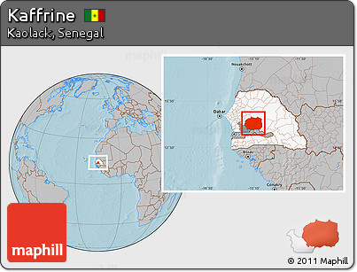 Gray Location Map of Kaffrine, highlighted country, highlighted parent region, hill shading
