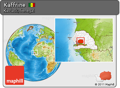 Physical Location Map of Kaffrine, highlighted country, highlighted parent region, within the entire country