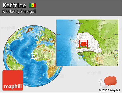 Physical Location Map of Kaffrine, highlighted country, highlighted parent region, within the entire country
