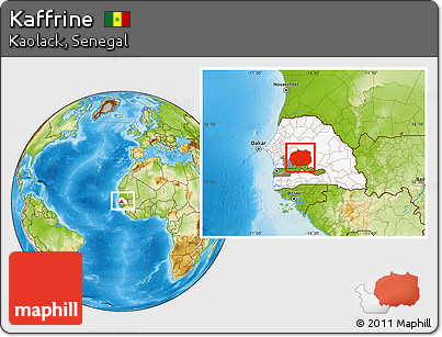 Physical Location Map of Kaffrine, highlighted country, highlighted parent region, within the entire country