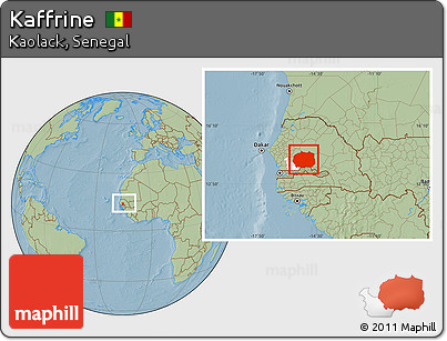 Savanna Style Location Map of Kaffrine, highlighted parent region, within the entire country, hill shading