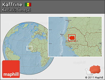Savanna Style Location Map of Kaffrine, highlighted parent region, within the entire country, hill shading