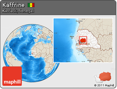 Shaded Relief Location Map of Kaffrine, highlighted country, highlighted parent region