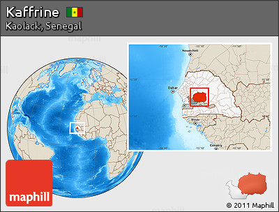 Shaded Relief Location Map of Kaffrine, highlighted country, highlighted parent region
