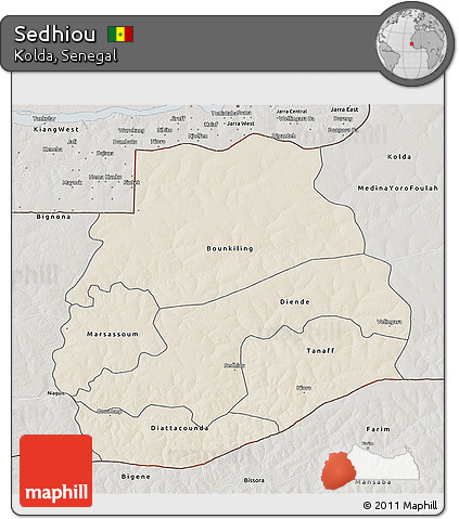 Shaded Relief 3D Map of Sedhiou, semi-desaturated