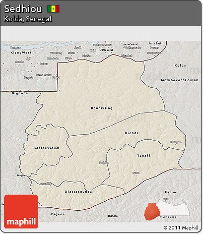 Shaded Relief 3D Map of Sedhiou, semi-desaturated