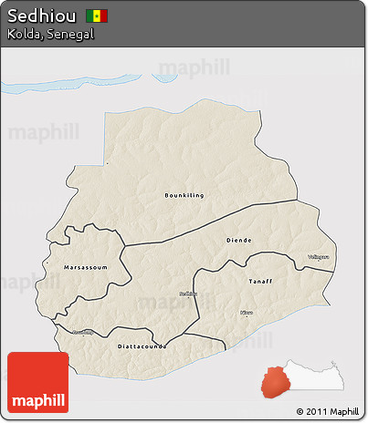 Shaded Relief 3D Map of Sedhiou, single color outside
