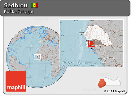 Gray Location Map of Sedhiou, highlighted country, highlighted parent region, hill shading