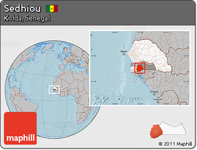 Gray Location Map of Sedhiou, highlighted country, highlighted parent region, hill shading