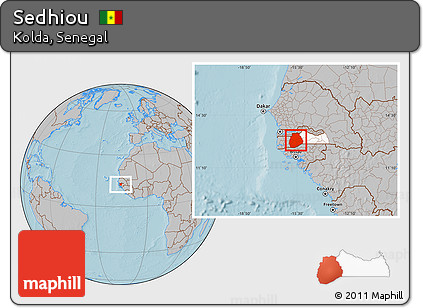 Gray Location Map of Sedhiou, highlighted parent region, hill shading