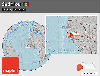 Gray Location Map of Sedhiou, highlighted parent region, hill shading