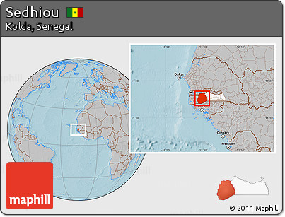 Gray Location Map of Sedhiou, highlighted parent region, hill shading
