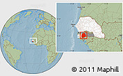 Savanna Style Location Map of Sedhiou, highlighted country, highlighted parent region, within the entire country, hill shading