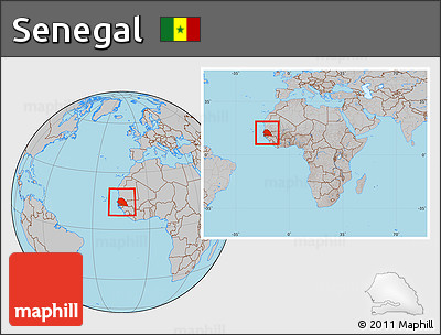 Gray Location Map of Senegal, within the entire continent