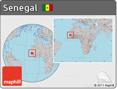 Gray Location Map of Senegal, within the entire continent