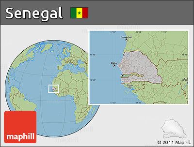 Gray Location Map of Senegal, savanna style outside, hill shading inside