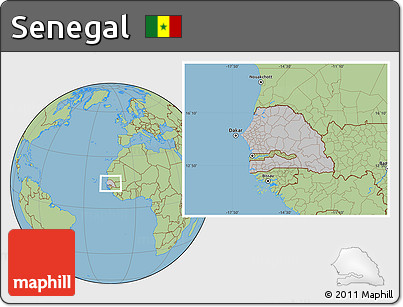 Gray Location Map of Senegal, savanna style outside, hill shading inside