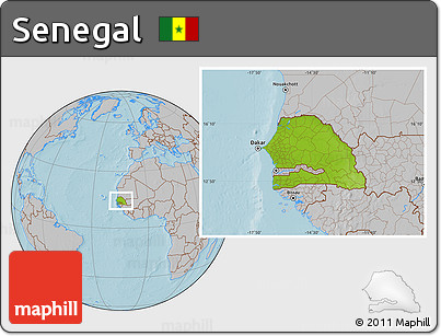 Physical Location Map of Senegal, gray outside, hill shading