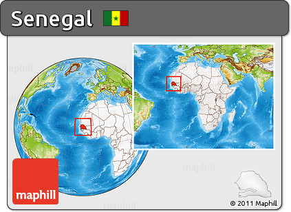 Physical Location Map of Senegal, highlighted continent, within the entire continent