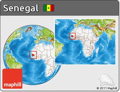 Physical Location Map of Senegal, highlighted continent, within the entire continent