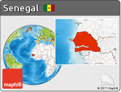 Physical Location Map of Senegal, highlighted continent