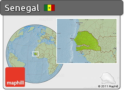 Physical Location Map of Senegal, savanna style outside, hill shading