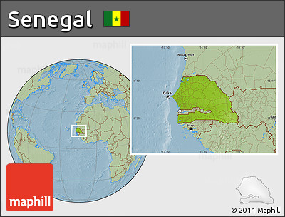 Physical Location Map of Senegal, savanna style outside, hill shading