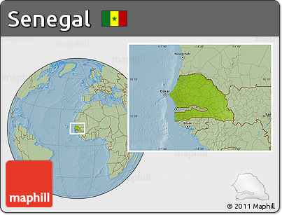 Physical Location Map of Senegal, savanna style outside, hill shading