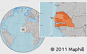 Political Location Map of Senegal, gray outside, hill shading