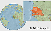 Political Location Map of Senegal, savanna style outside, hill shading