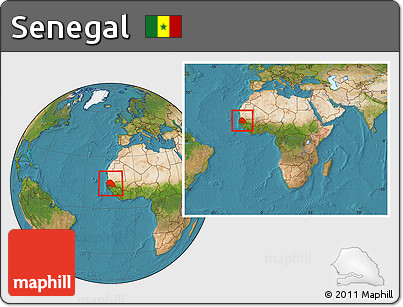 Satellite Location Map of Senegal, within the entire continent