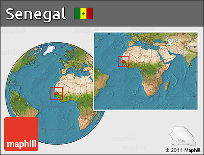 Satellite Location Map of Senegal, within the entire continent