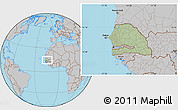 Savanna Style Location Map of Senegal, gray outside, hill shading inside